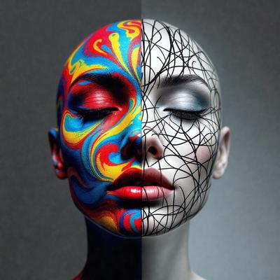 The primary subject of the image is a woman with a unique and artistic appearance. She has a face painted with a combination of blue, yellow, and red colors, giving her a striking and vibrant look. The setting is a gray background, which contrasts with the woman's face and adds to the visual style of the image. The overall atmosphere is creative and eye-catching, as the woman's face is the main focus of the image.